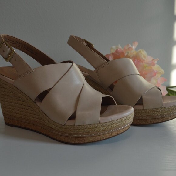 Clarks Amelia Dally Ecru Leather Espadrille Wedge Sandals - Picture 3 of 12